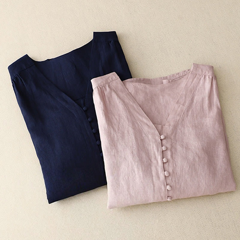 Buddha StonesVネックデザイン レディース コットンリネン 長袖シャツ - image 1