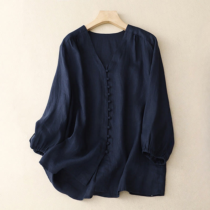 Buddha StonesVネックデザイン レディース コットンリネン 長袖シャツ - ミッドナイトブルー - US8-10，UK/AU12-14，EU40-42 (2XL) - image 9