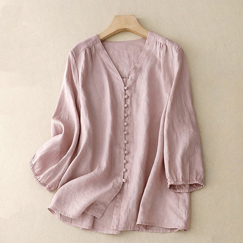 Buddha StonesVネックデザイン レディース コットンリネン 長袖シャツ - ピンク - US8-10，UK/AU12-14，EU40-42 (2XL) - image 0