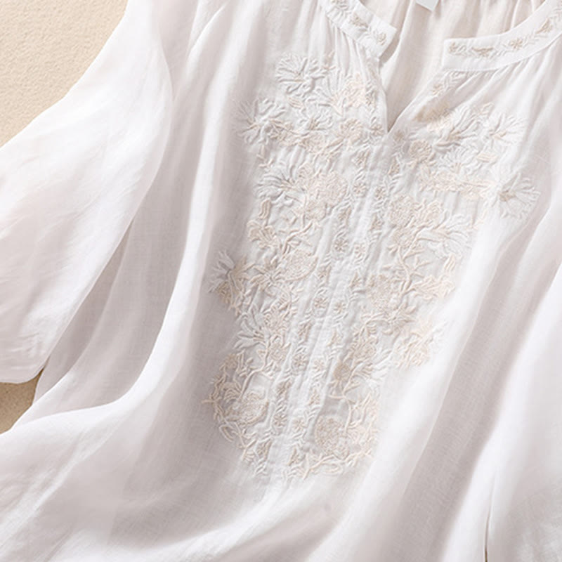 Buddha Stones刺繍デザイン レディース コットンリネン 七分袖シャツ