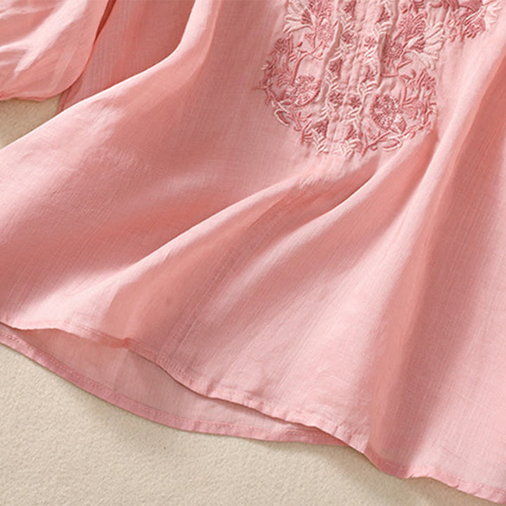 Buddha Stones刺繍デザイン レディース コットンリネン 七分袖シャツ