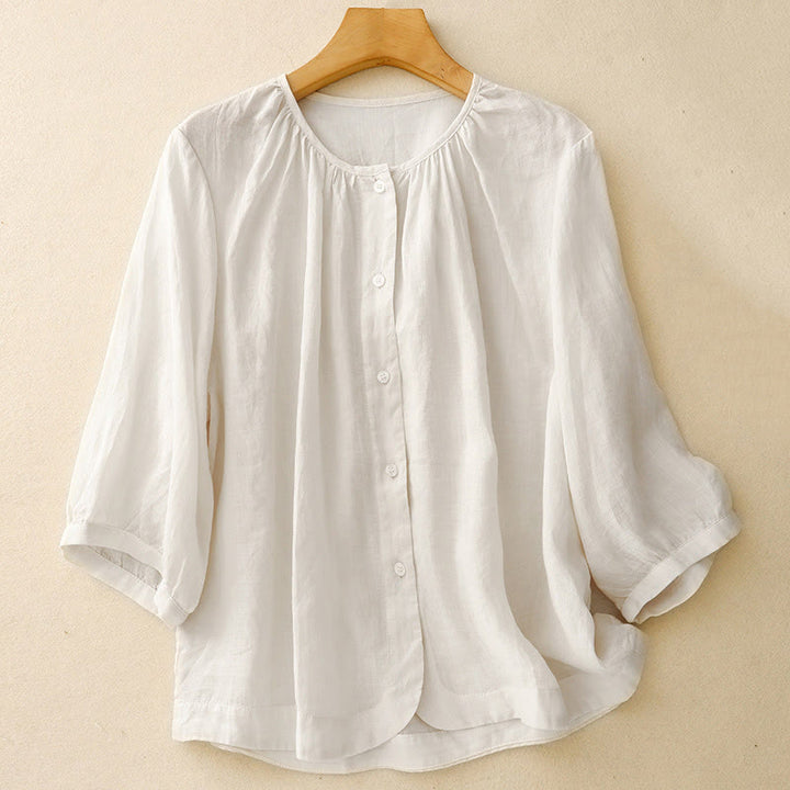 Buddha Stonesプレーンボタン クルーネックデザイン レディース ブレンド 七分袖シャツ - 雪 - US12、 UK/AU16、 EU44 (2XL) - image 12