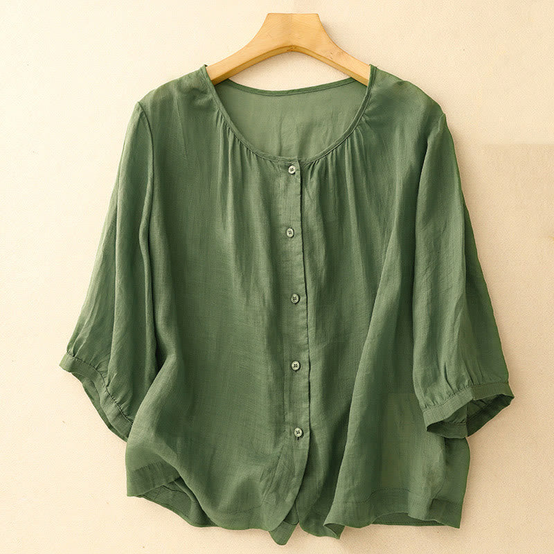 Buddha Stonesプレーンボタン クルーネックデザイン レディース コットンブレンド 七分袖シャツ - 緑 - US14、 UK/AU18、 EU46 (2XL) - image 21