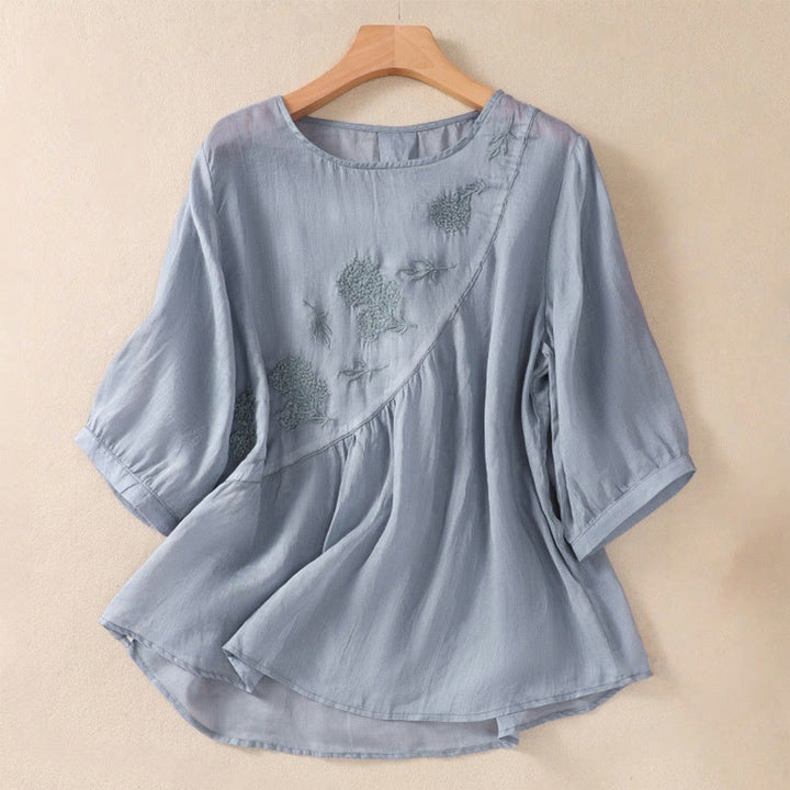 Buddha Stones刺繍フラワークルーネックデザインレディースコットンリネン半袖シャツ