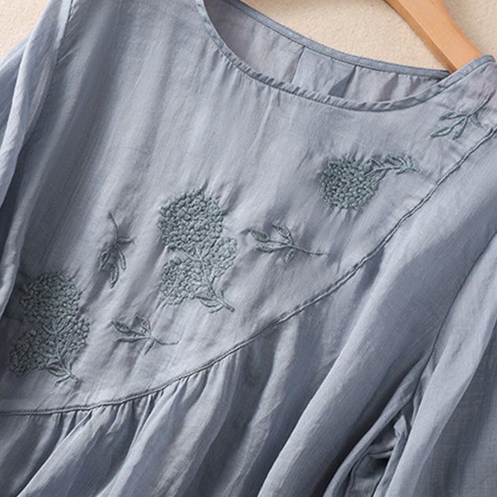 Buddha Stones刺繍フラワークルーネックデザインレディースコットンリネン半袖シャツ