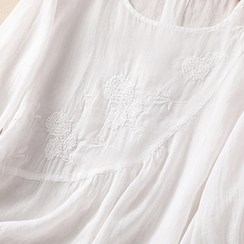 Buddha Stones刺繍フラワークルーネックデザインレディースコットンリネン半袖シャツ - image 13