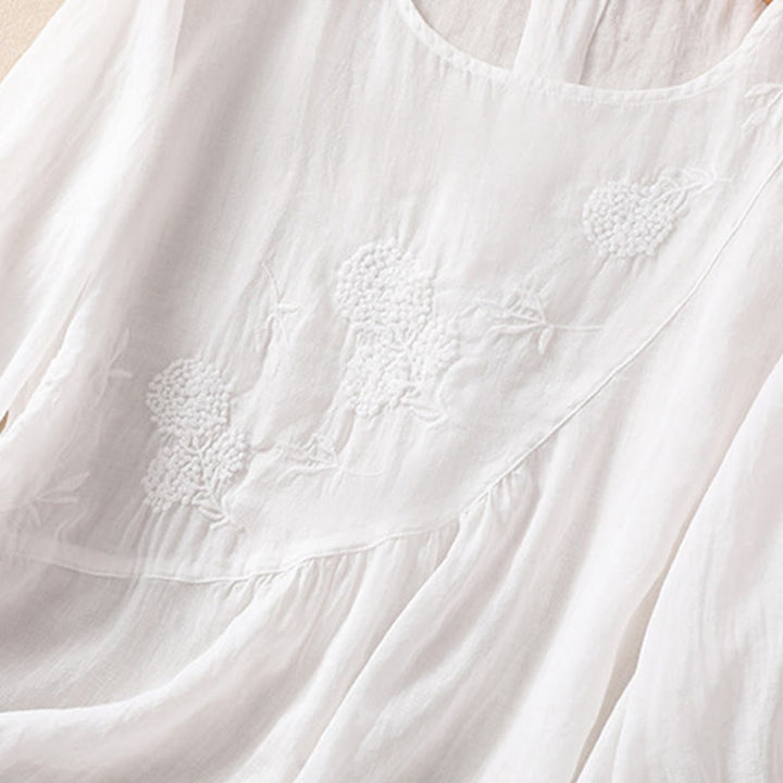 Buddha Stones刺繍フラワークルーネックデザインレディースコットンリネン半袖シャツ - image 13