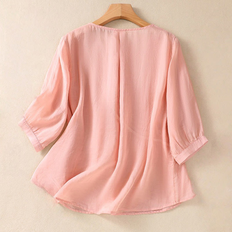 Buddha Stones刺繍フラワークルーネックデザインレディースコットンリネン半袖シャツ - image 15