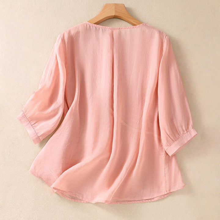 Buddha Stones刺繍フラワークルーネックデザインレディースコットンリネン半袖シャツ - image 15