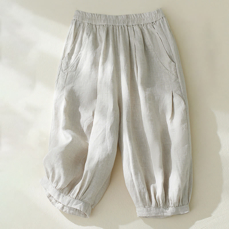 Buddha Stones通勤用 ピュアカラー ハイウエスト レディース コットンリネン ハーレム クロップドパンツ ポケット付き - リネン - US8-10，UK/AU12-14，EU40-42 (2XL) - image 8