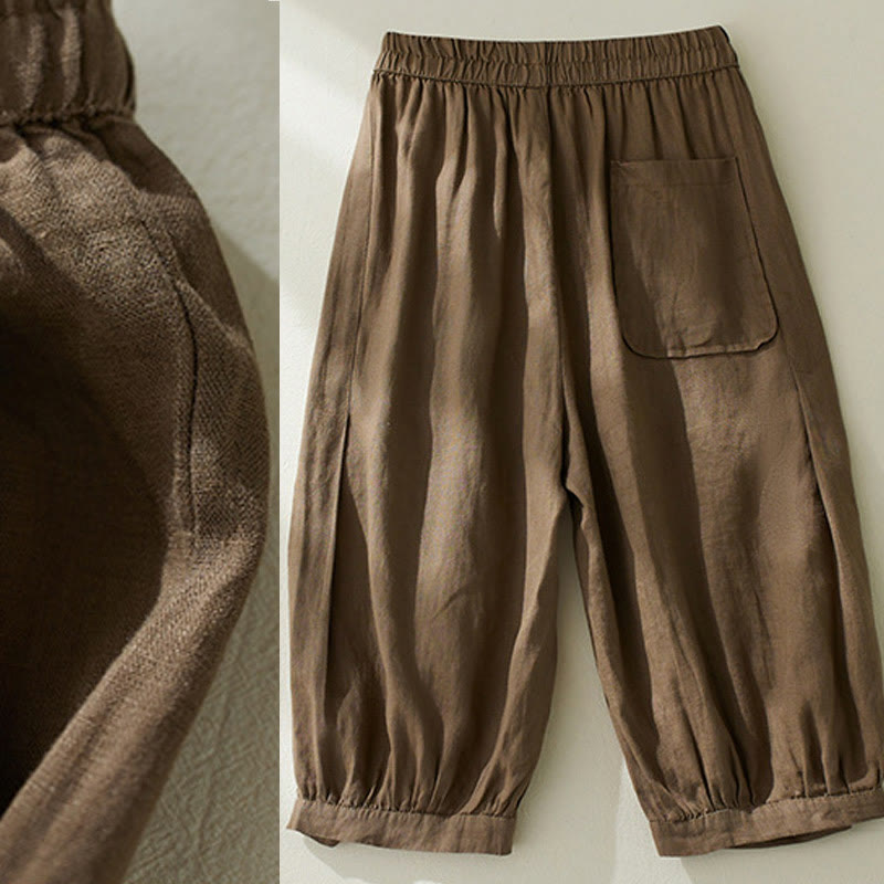 Buddha Stones通勤用 ピュアカラー ハイウエスト レディース コットンリネン ハーレム クロップドパンツ ポケット付き - image 6