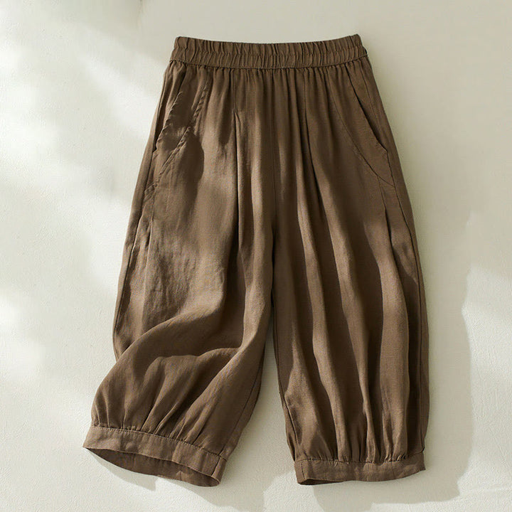 Buddha Stones通勤用 ピュアカラー ハイウエスト レディース コットンリネン ハーレム クロップドパンツ ポケット付き - サドルブラウン - US8-10，UK/AU12-14，EU40-42 (2XL) - image 0