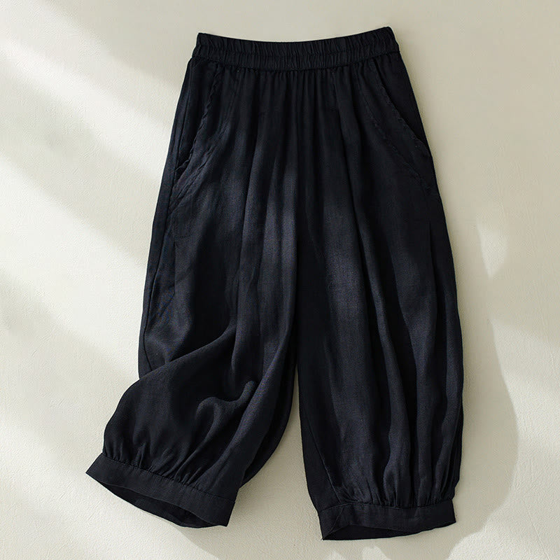 Buddha Stones通勤用 ピュアカラー ハイウエスト レディース コットンリネン ハーレム クロップドパンツ ポケット付き - 黒 - US8-10，UK/AU12-14，EU40-42 (2XL) - image 16