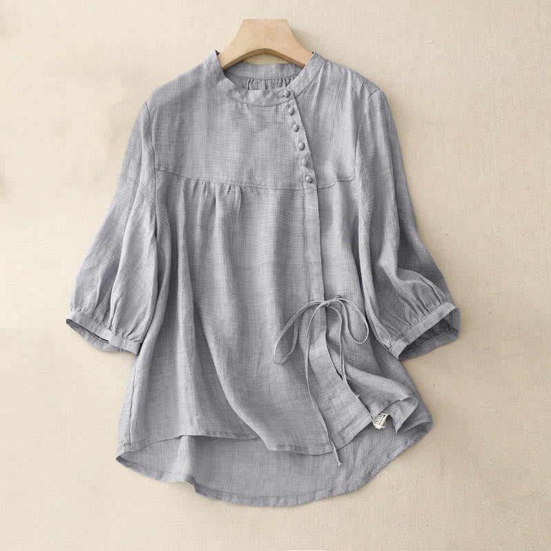 Buddha Stonesレースアップボタンデザイン レディース コットンリネン 七分袖シャツ - ライトブルー - US14、 UK/AU18、 EU46 (2XL) - image 0
