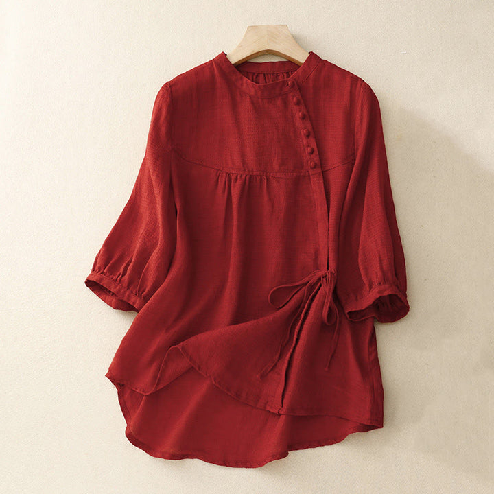 Buddha Stonesレースアップボタンデザイン レディース コットンリネン 七分袖シャツ - クリムゾン - US14、 UK/AU18、 EU46 (2XL) - image 15