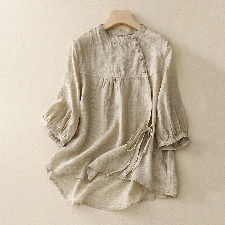Buddha Stonesレースアップボタンデザイン レディース コットンリネン 七分袖シャツ - 小麦 - US14、 UK/AU18、 EU46 (2XL) - image 6
