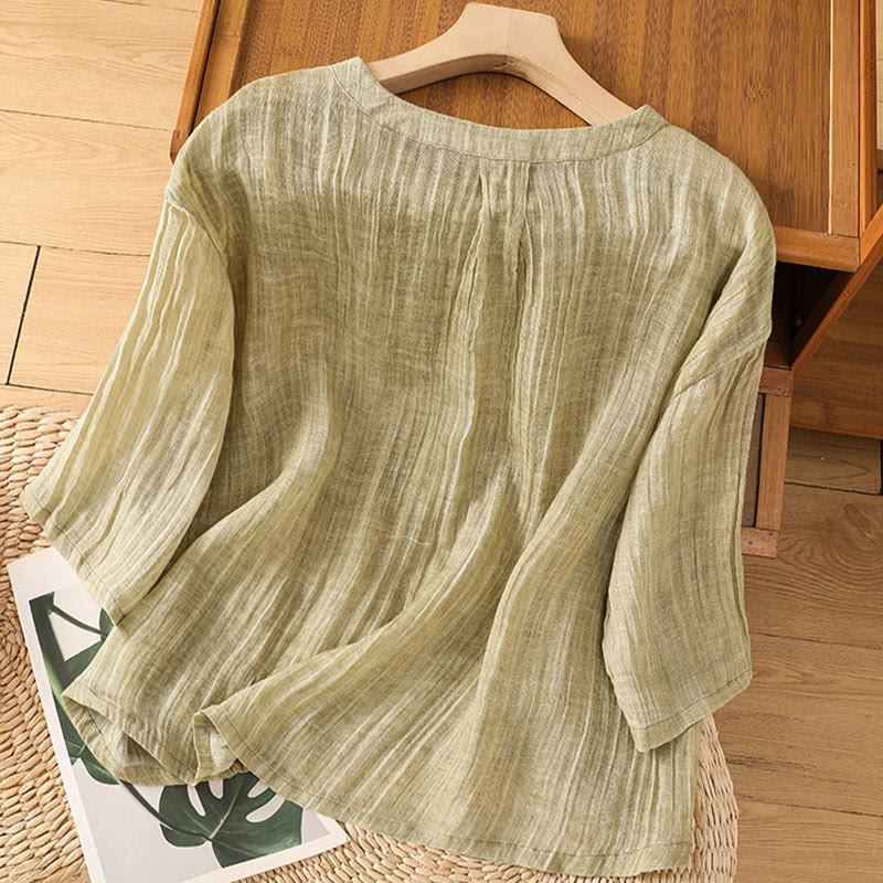 Buddha Stonesカジュアル サマー 無地 クルーネック レディース コットン リネン 七分袖 Tシャツ - image 1