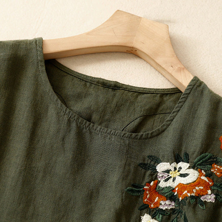 Buddha Stonesカジュアル サマー 刺繍 クルーネック レディース コットン 半袖 Tシャツ