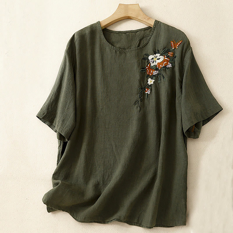 Buddha Stonesカジュアル サマー 刺繍 クルーネック レディース コットン 半袖 Tシャツ