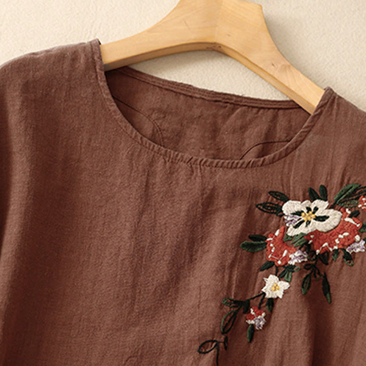 Buddha Stonesカジュアル サマー 刺繍 クルーネック レディース コットン 半袖 Tシャツ