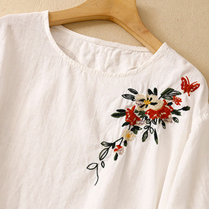 Buddha Stonesカジュアル サマー 刺繍 クルーネック レディース コットン 半袖 Tシャツ