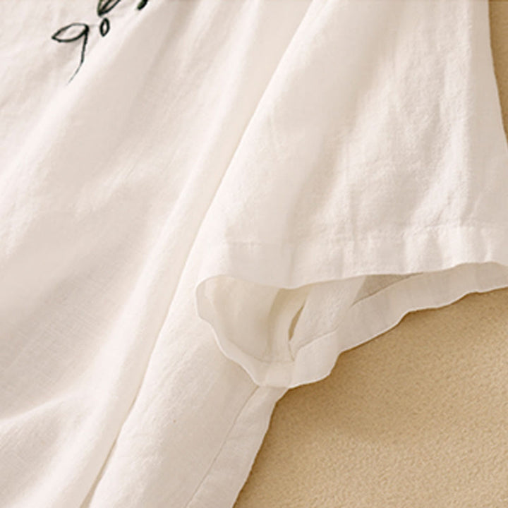 Buddha Stonesカジュアル サマー 刺繍 クルーネック レディース コットン 半袖 Tシャツ