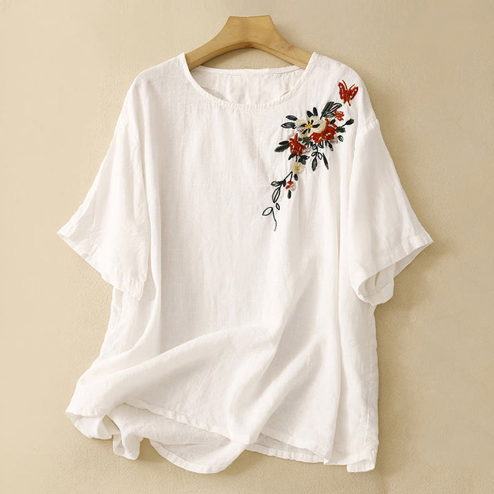 Buddha Stonesカジュアル サマー 刺繍 クルーネック レディース コットン 半袖 Tシャツ