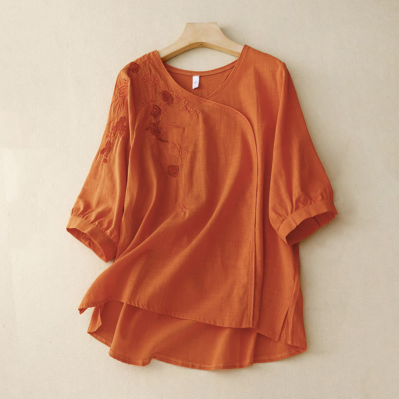 Buddha Stonesとバラのつるの刺繍デザイン レディース コットンリネン 七分袖シャツ - コーラル - US12、 UK/AU16、 EU44 (2XL) - image 7