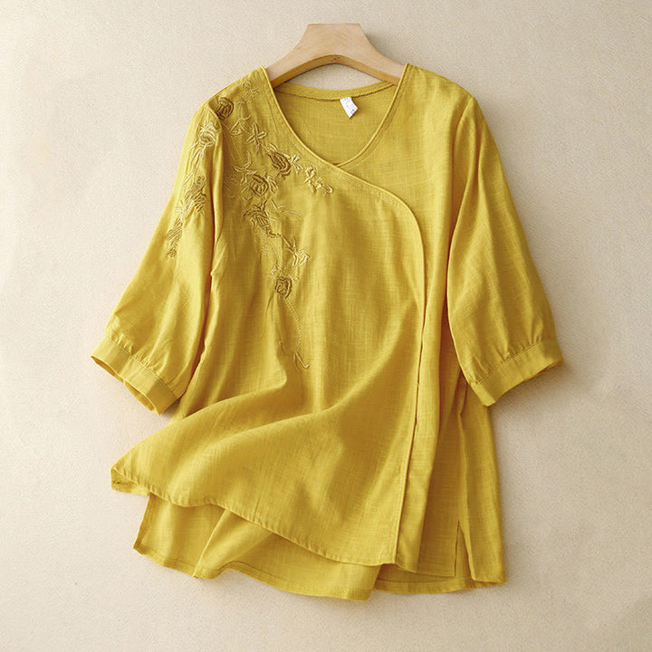 Buddha Stonesとバラのつるの刺繍デザイン レディース コットンリネン 七分袖シャツ - 黄色 - US12、 UK/AU16、 EU44 (2XL) - image 11