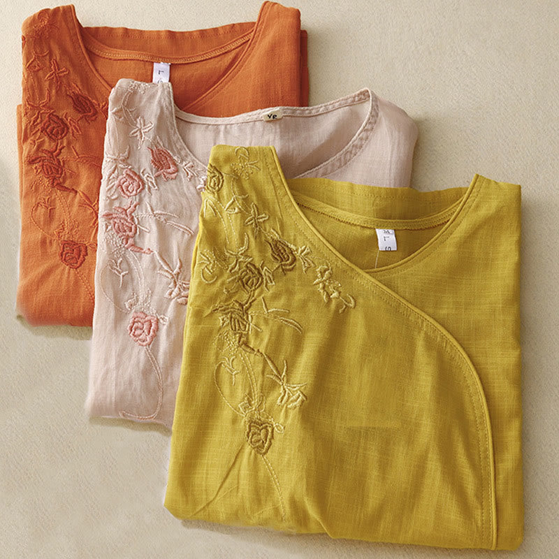 Buddha Stonesとバラのつるの刺繍デザイン レディース コットンリネン 七分袖シャツ - image 12