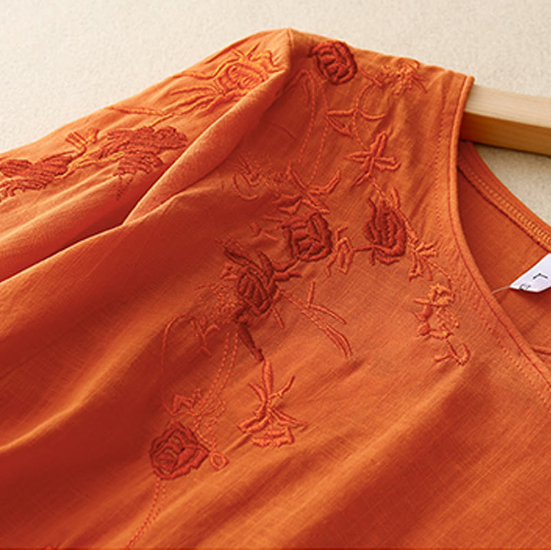 Buddha Stonesとバラのつるの刺繍デザイン レディース コットンリネン 七分袖シャツ - image 8
