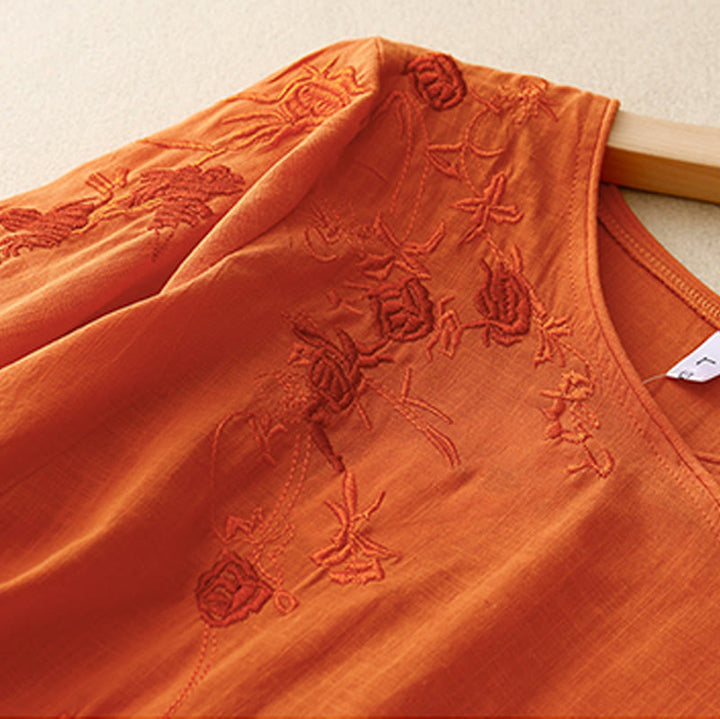 Buddha Stonesとバラのつるの刺繍デザイン レディース コットンリネン 七分袖シャツ - image 8