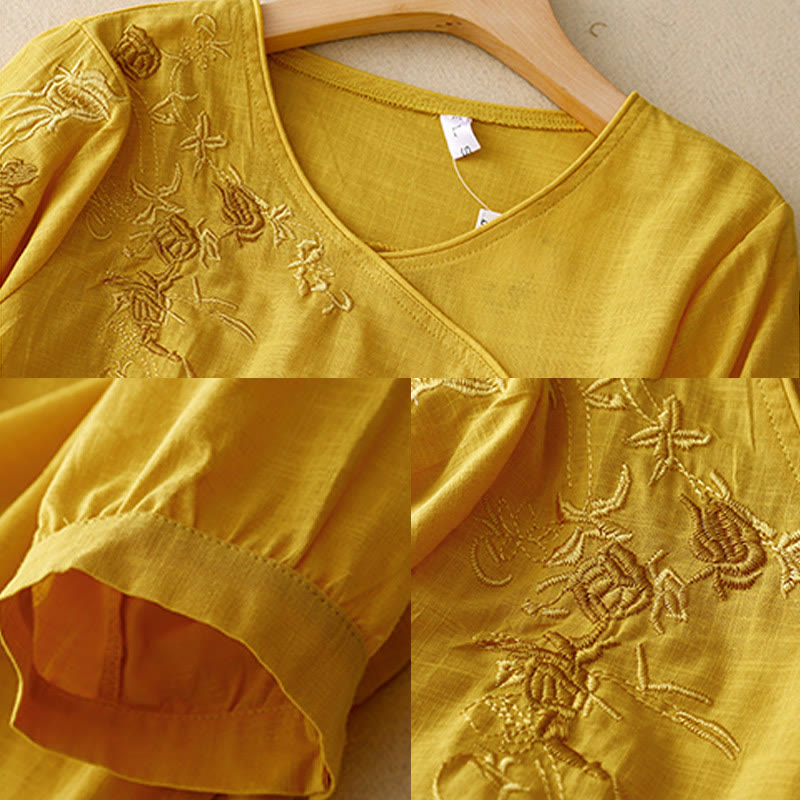 Buddha Stonesとバラのつるの刺繍デザイン レディース コットンリネン 七分袖シャツ - image 13