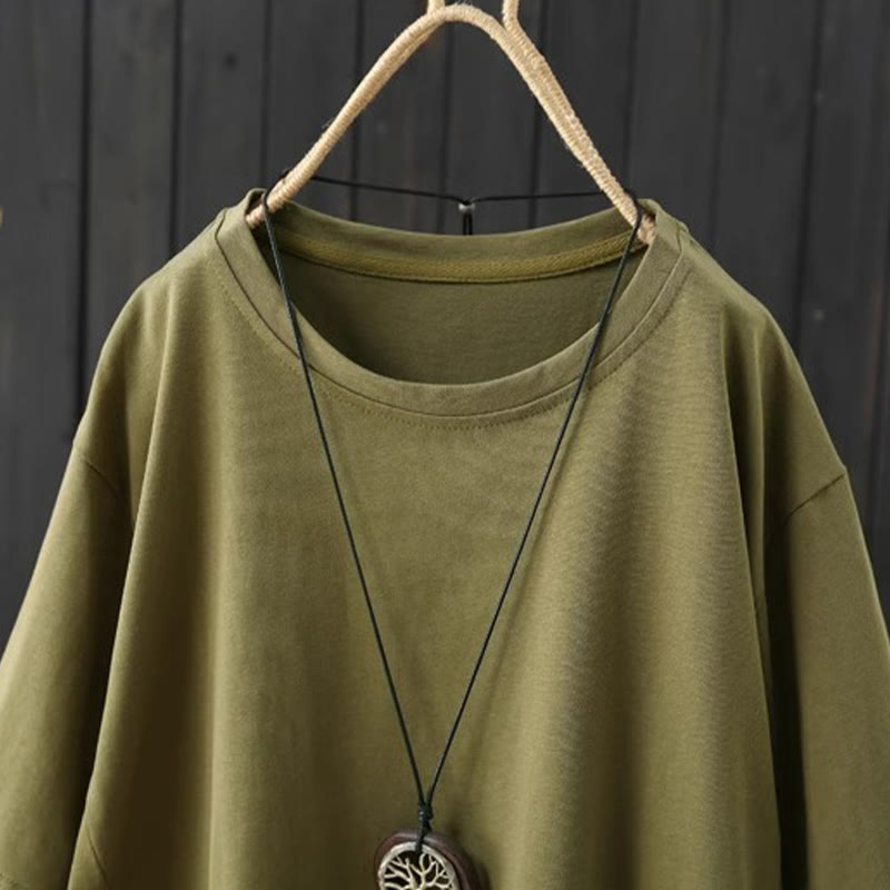 Buddha Stonesカジュアル ルーズ サマー 無地 クルーネック レディース コットン 半袖 Tシャツ - image 1