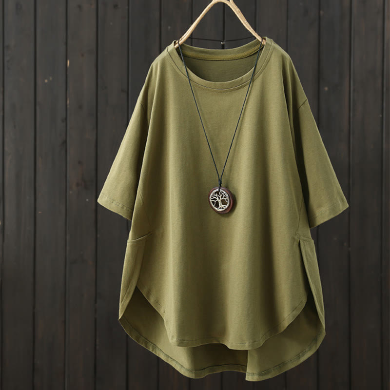Buddha Stonesカジュアル ルーズ サマー 無地 クルーネック レディース コットン 半袖 Tシャツ - オリーブ - US14、 UK/AU18、 EU46 (2XL) - image 0