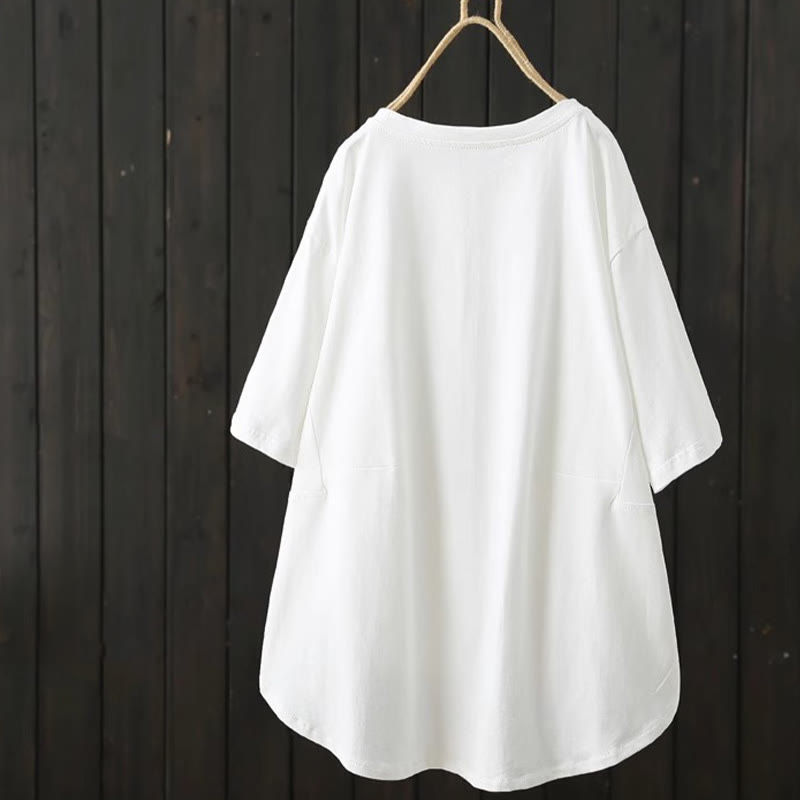 Buddha Stonesカジュアル ルーズ サマー 無地 クルーネック レディース コットン 半袖 Tシャツ - image 3