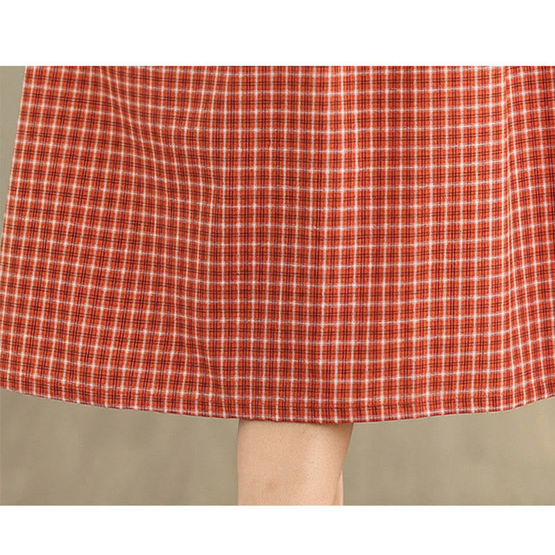 Buddha Stonesレトロ 無地 チェック柄 クルーネック 半袖 コットンリネン ミディドレス ポケット付き - image 9