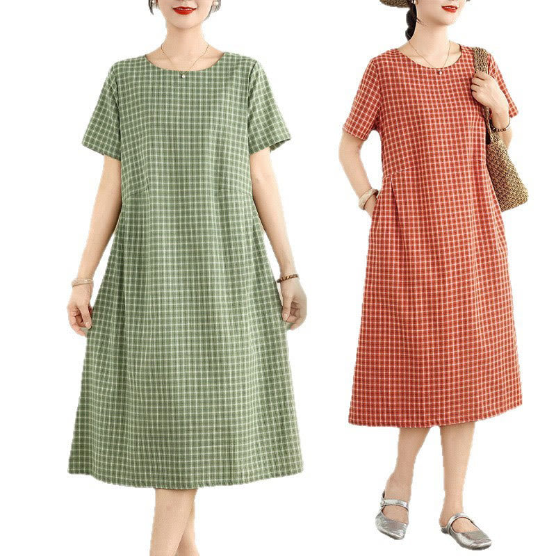 Buddha Stonesレトロ 無地 チェック柄 クルーネック 半袖 コットンリネン ミディドレス ポケット付き - image 17