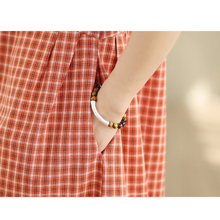 Buddha Stonesレトロ 無地 チェック柄 クルーネック 半袖 コットンリネン ミディドレス ポケット付き - image 8