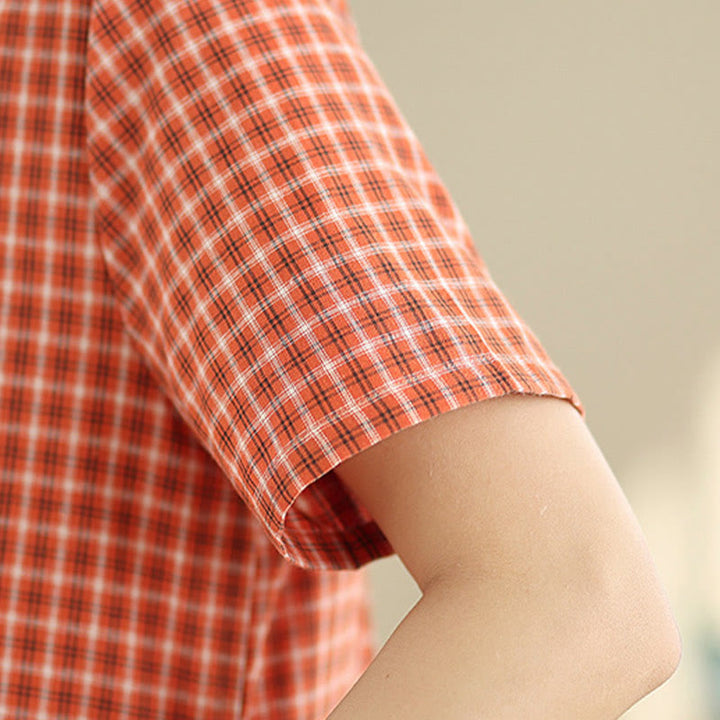 Buddha Stonesレトロ 無地 チェック柄 クルーネック 半袖 コットンリネン ミディドレス ポケット付き - image 5