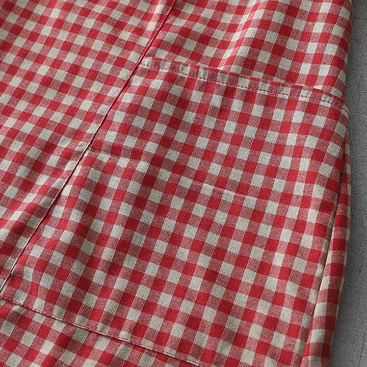 Buddha Stonesカジュアル ヴィンテージ チェック柄 ラペル 半袖 コットン ミディドレス ポケット付き - image 12