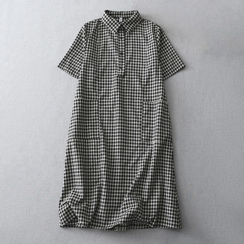 Buddha Stonesカジュアル ヴィンテージ チェック柄 ラペル 半袖 コットン ミディドレス ポケット付き - 黒 - US8-10，UK/AU12-14，EU40-42 (2XL) - image 0