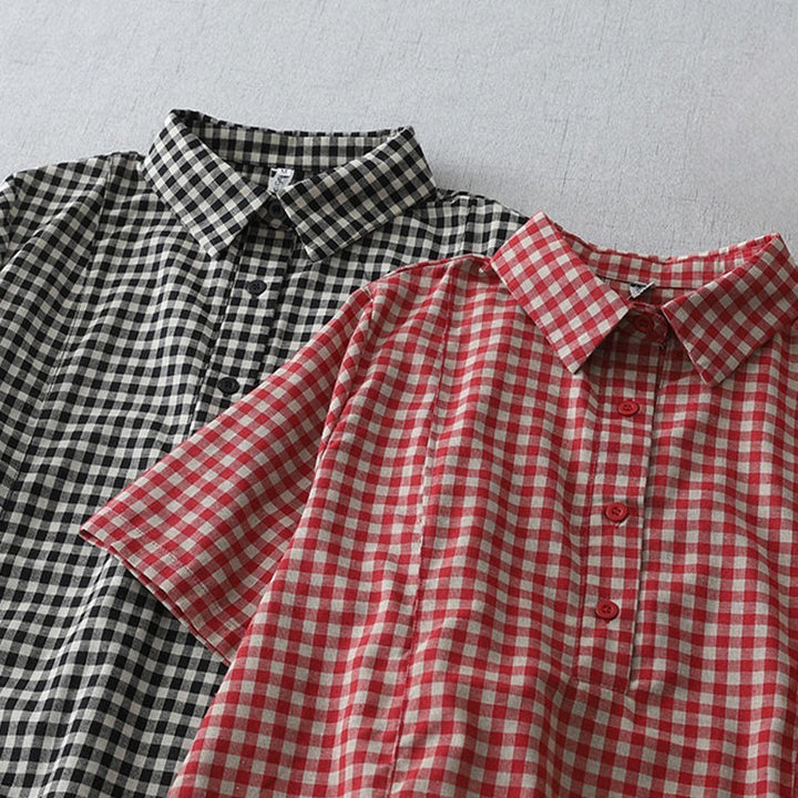 Buddha Stonesカジュアル ヴィンテージ チェック柄 ラペル 半袖 コットン ミディドレス ポケット付き - image 16