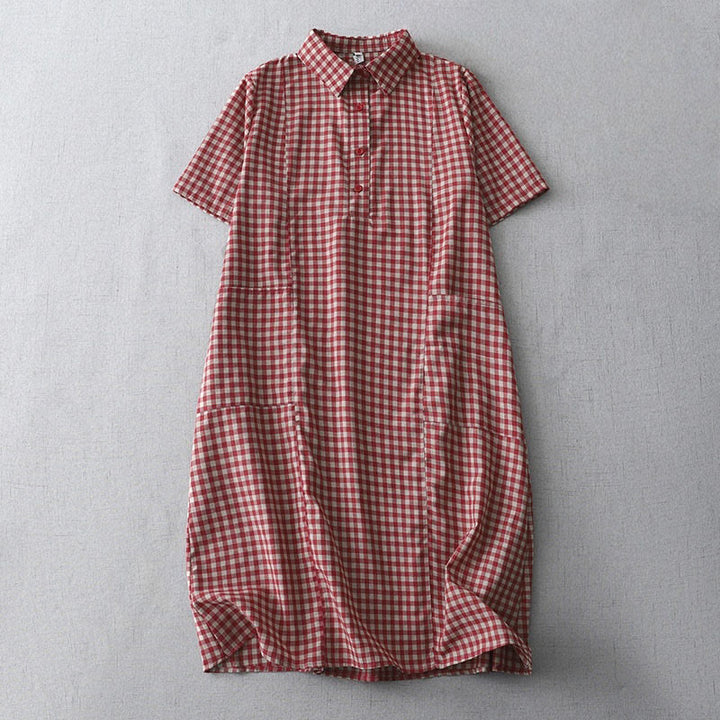 Buddha Stonesカジュアル ヴィンテージ チェック柄 ラペル 半袖 コットン ミディドレス ポケット付き - クリムゾン - US8-10，UK/AU12-14，EU40-42 (2XL) - image 6