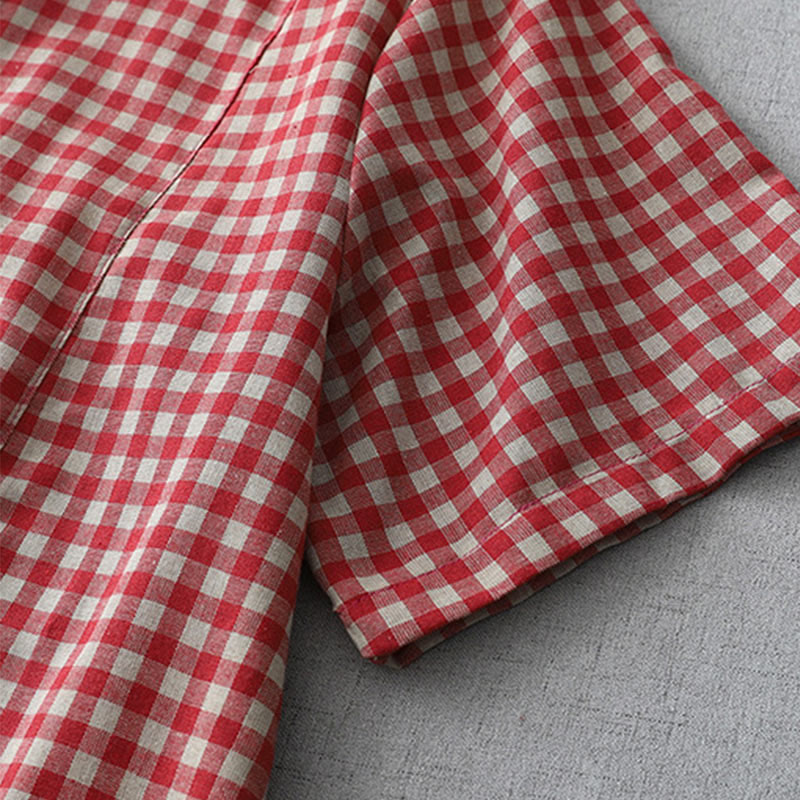 Buddha Stonesカジュアル ヴィンテージ チェック柄 ラペル 半袖 コットン ミディドレス ポケット付き - image 10