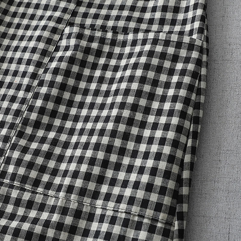 Buddha Stonesカジュアル ヴィンテージ チェック柄 ラペル 半袖 コットン ミディドレス ポケット付き - image 3