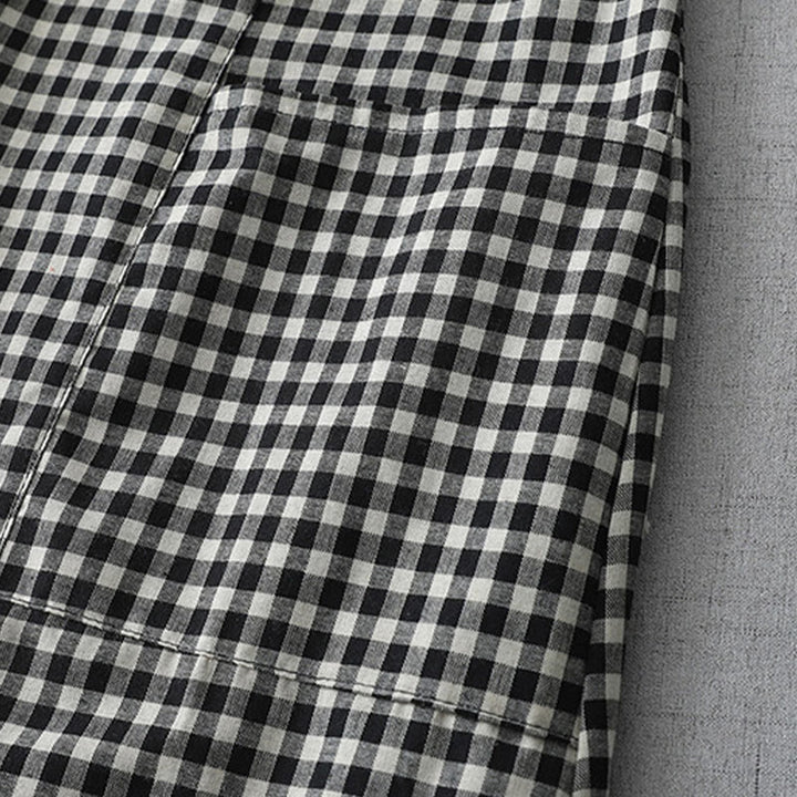 Buddha Stonesカジュアル ヴィンテージ チェック柄 ラペル 半袖 コットン ミディドレス ポケット付き - image 3