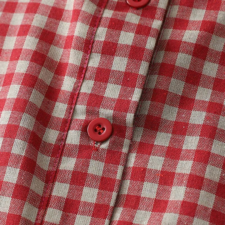 Buddha Stonesカジュアル ヴィンテージ チェック柄 ラペル 半袖 コットン ミディドレス ポケット付き - image 11