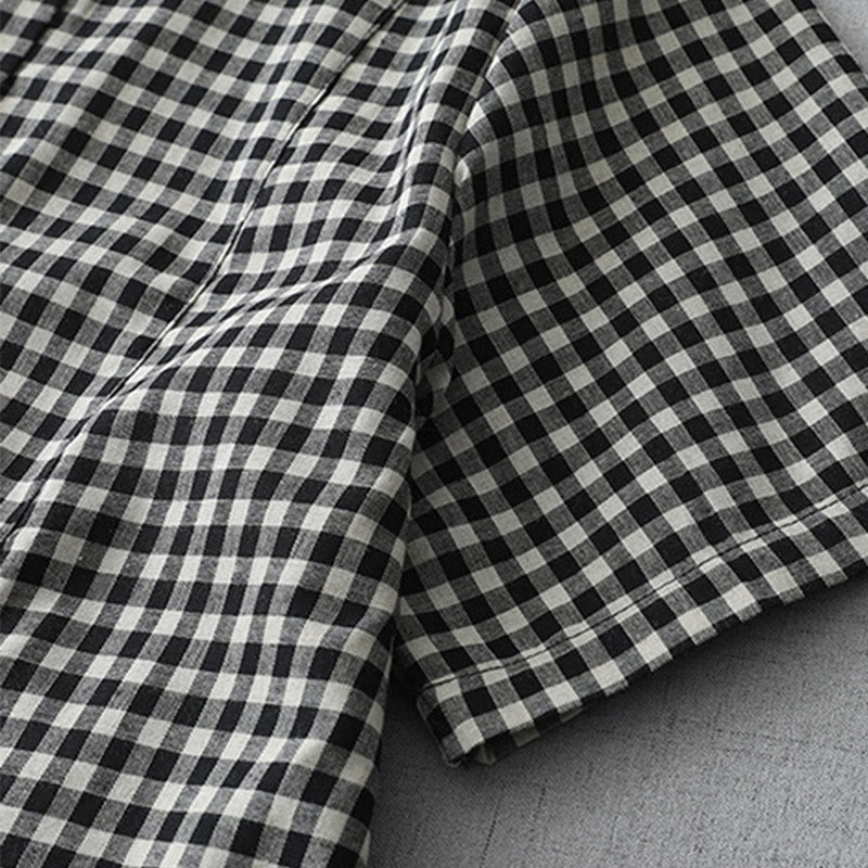 Buddha Stonesカジュアル ヴィンテージ チェック柄 ラペル 半袖 コットン ミディドレス ポケット付き - image 4