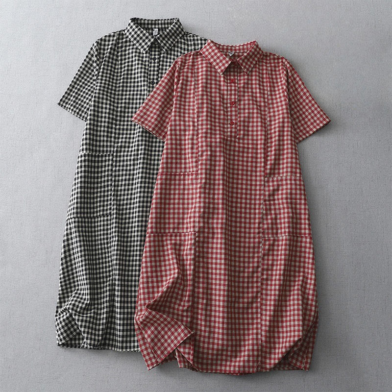 Buddha Stonesカジュアル ヴィンテージ チェック柄 ラペル 半袖 コットン ミディドレス ポケット付き - image 15